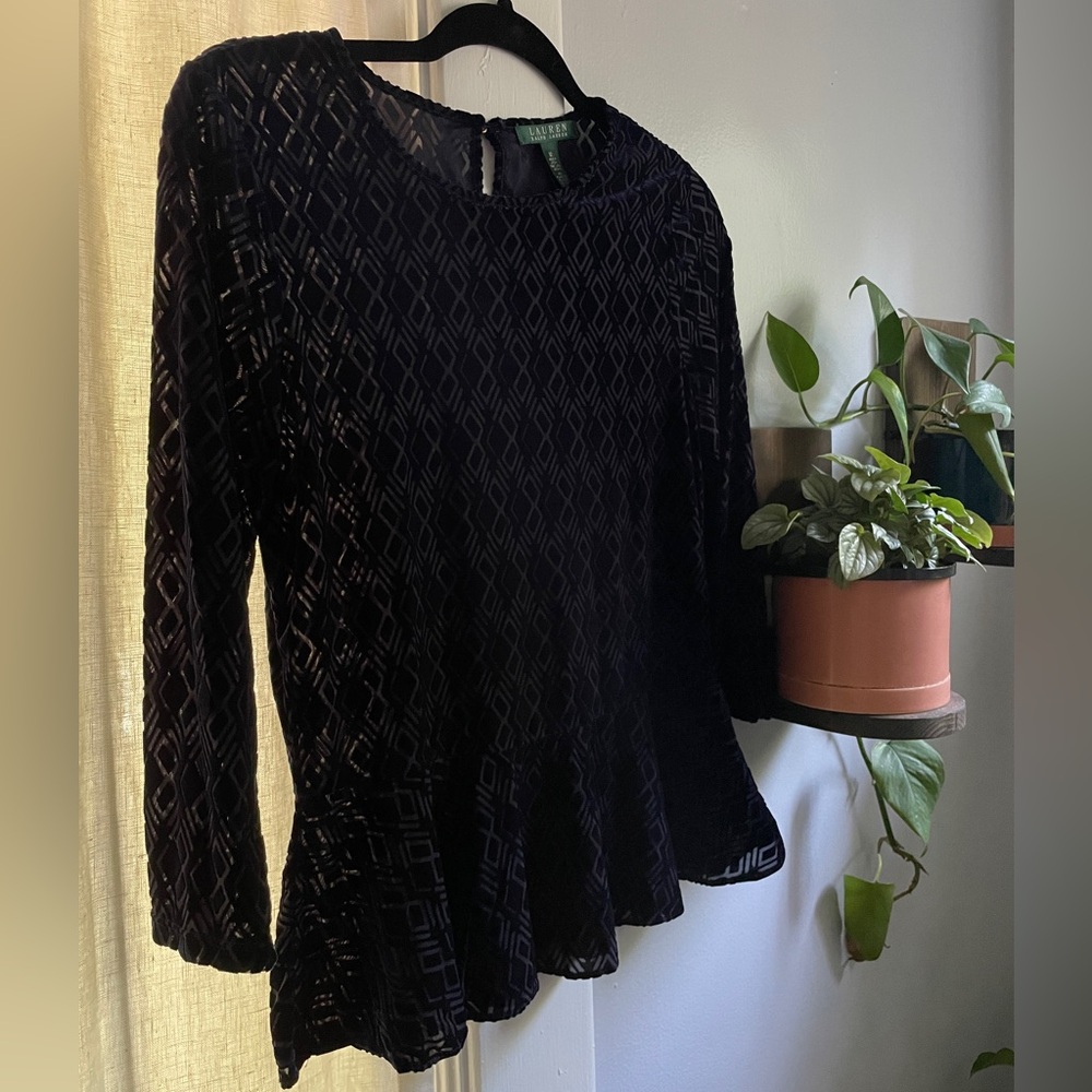 Ralph Lauren Velvety Blue Blouse with Peplum Waist